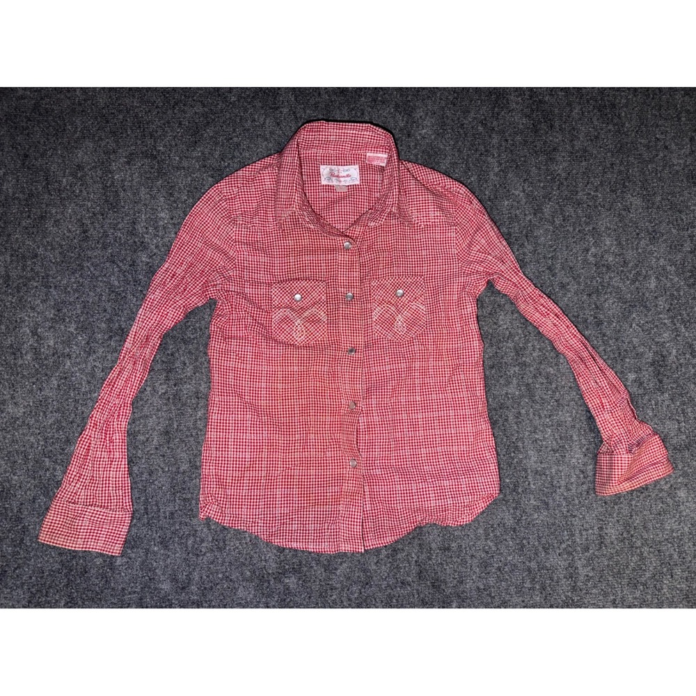 Panhandle Girls Red Gingham Western pearl Snap Shirt Lurex Sparkle retro Size L